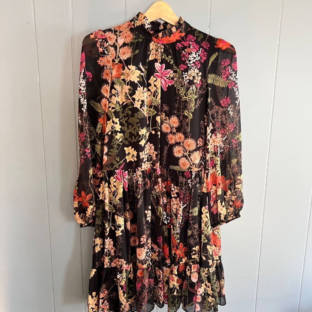 Melonie Floral Print Tiered Mini Dress High Neck Boho Fairy Goth Black Boho Sz 2